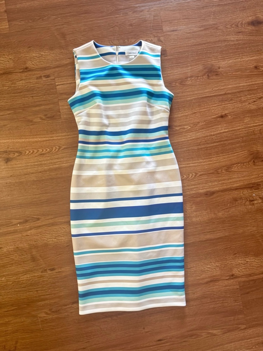 Calvin Klein White, Blue & Aqua Striped Midi Sheath Dress